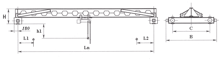 Схема крана мостового однобалочного опорного длиной пролета 4,5 — 16,5 м