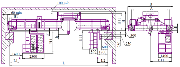 Схема мостового двухбалочного крана г/п 20/5т управление из кабины
